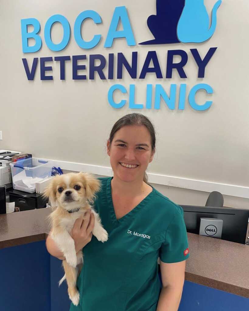 Veterinarian Dr. Danielle Moragas with pet dog at Boca Veterinary Clinic